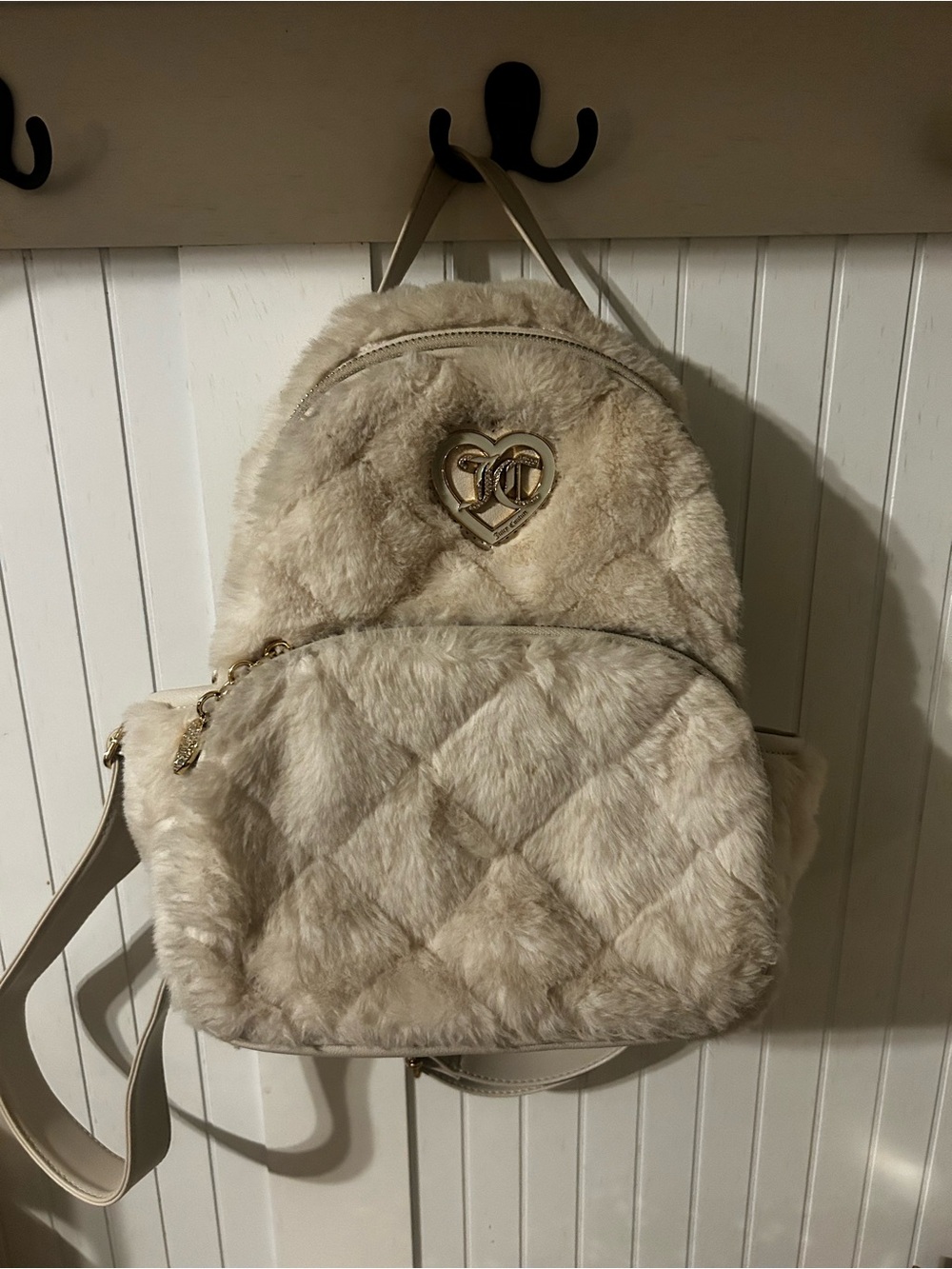 Juicy Couture Cream Faux Fur Quilted Backpack with Gold Heart Logo